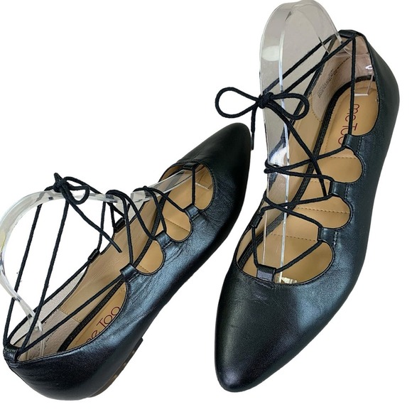 me too Shoes - Me Too Leather Ankle Tie Lace Up Ballet Flat Shoes Size 9.5M Amber Black